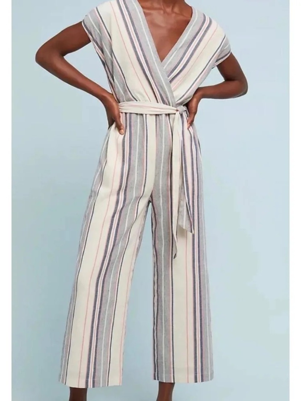 Anthropologie Dolan Striped Wrap Jumpsuit in Cream, Blue, Red